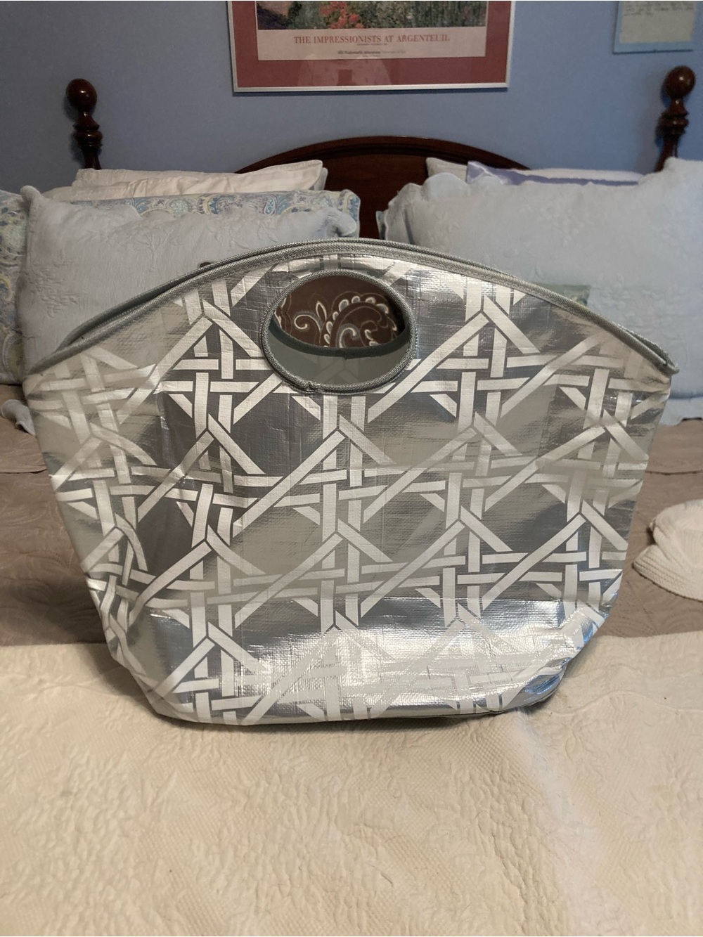 Silver Geometric Pattern Tote Bag with Cutout Handles